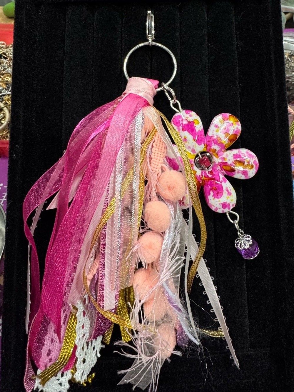 Pink Floral Tassel Keychain Bag Charm